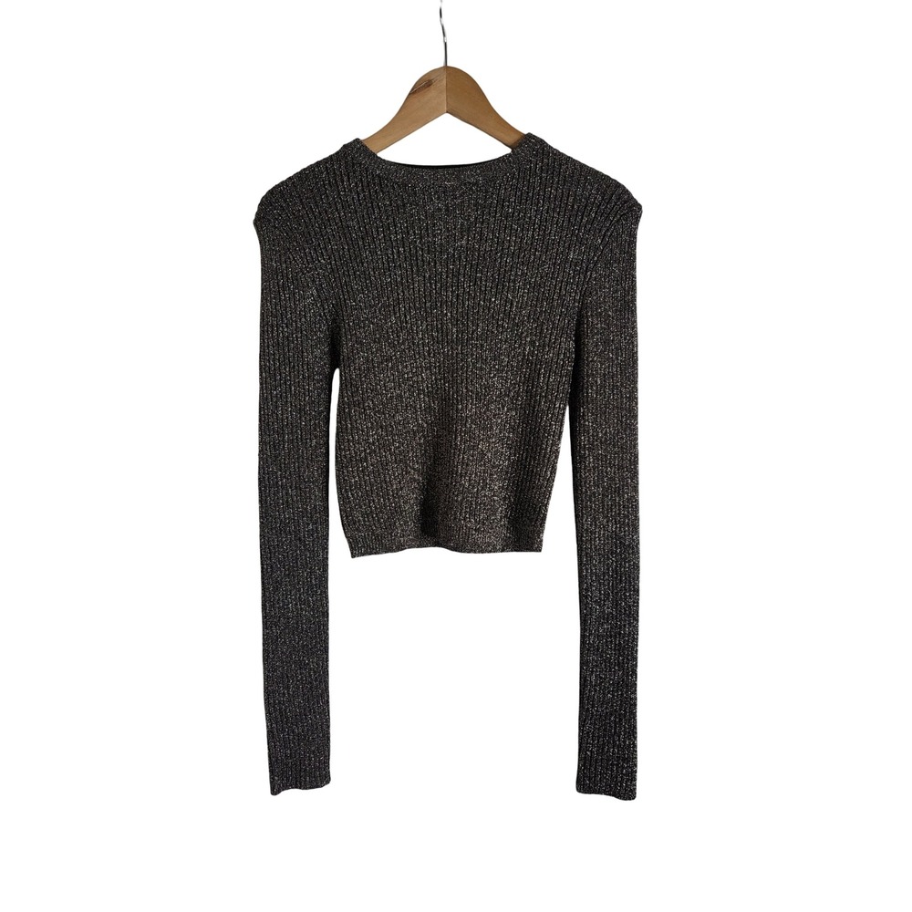 Love Tree Metallic Ribbed Knit Crop Top Long Sleeve Silver Black L Disco Glam